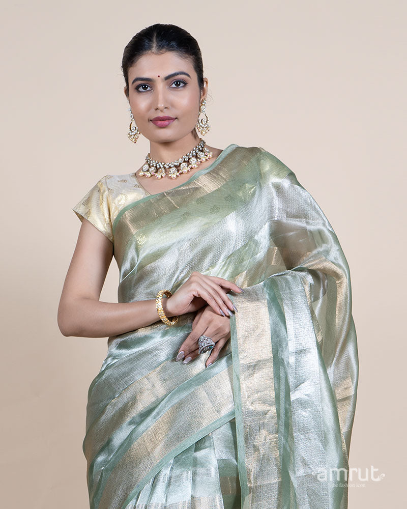 Sage Green Tissue Silk Saree with Golden Striped Pattern and Unstitched Blouse 02