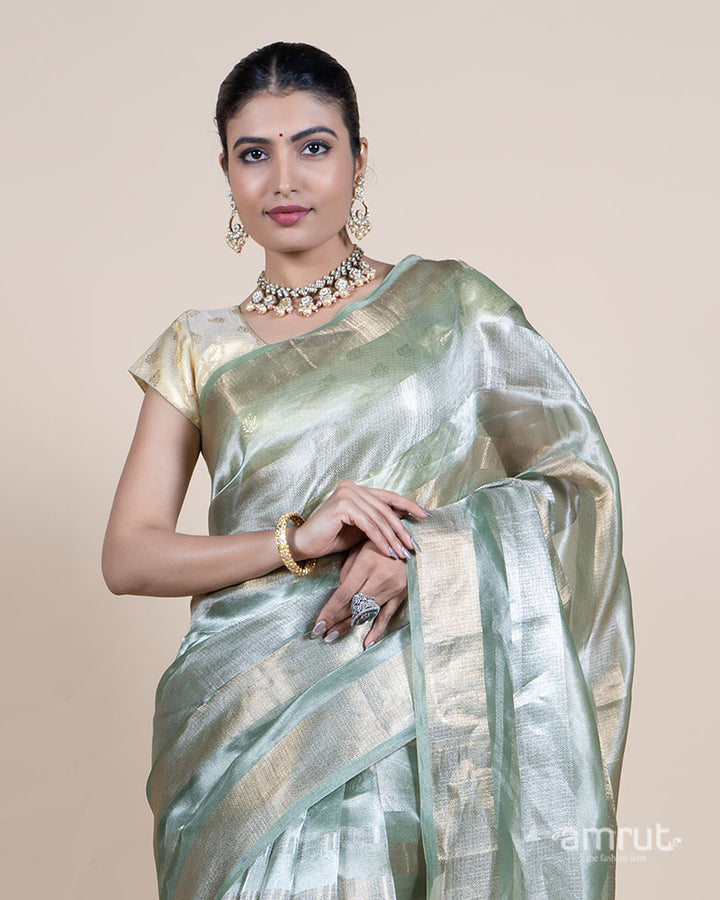 Sage Green Tissue Silk Saree with Golden Striped Pattern and Unstitched Blouse 02