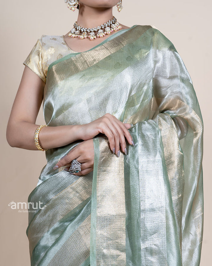 Sage Green Tissue Silk Saree with Golden Striped Pattern and Unstitched Blouse 03