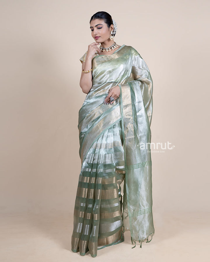 Sage Green Tissue Silk Saree with Golden Striped Pattern and Unstitched Blouse 04
