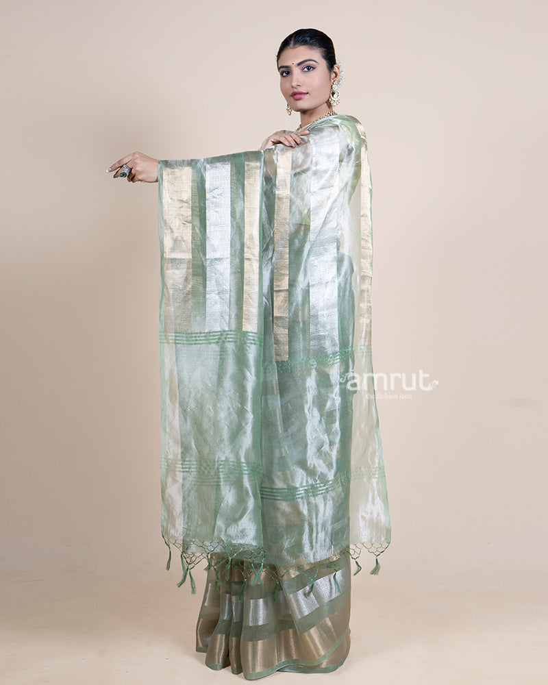 Sage Green Tissue Silk Saree with Golden Striped Pattern and Unstitched Blouse 05