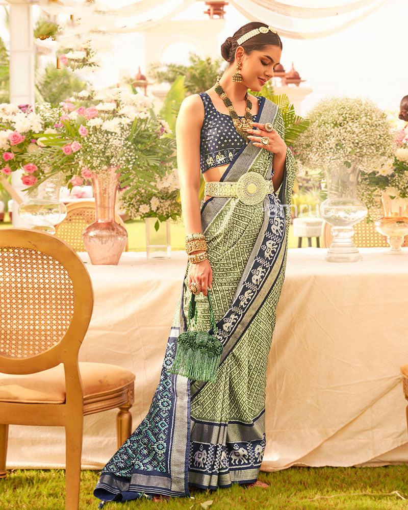 Sage Green and Blue Zari Border Patola Silk Saree with Unstitched Blouse 01