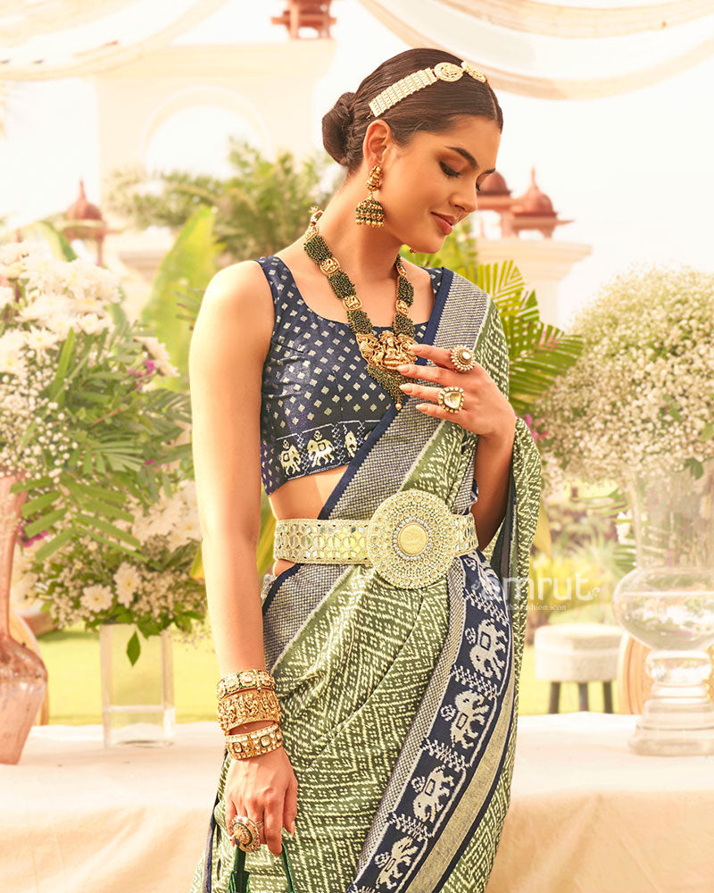 Sage Green and Blue Zari Border Patola Silk Saree with Unstitched Blouse 02