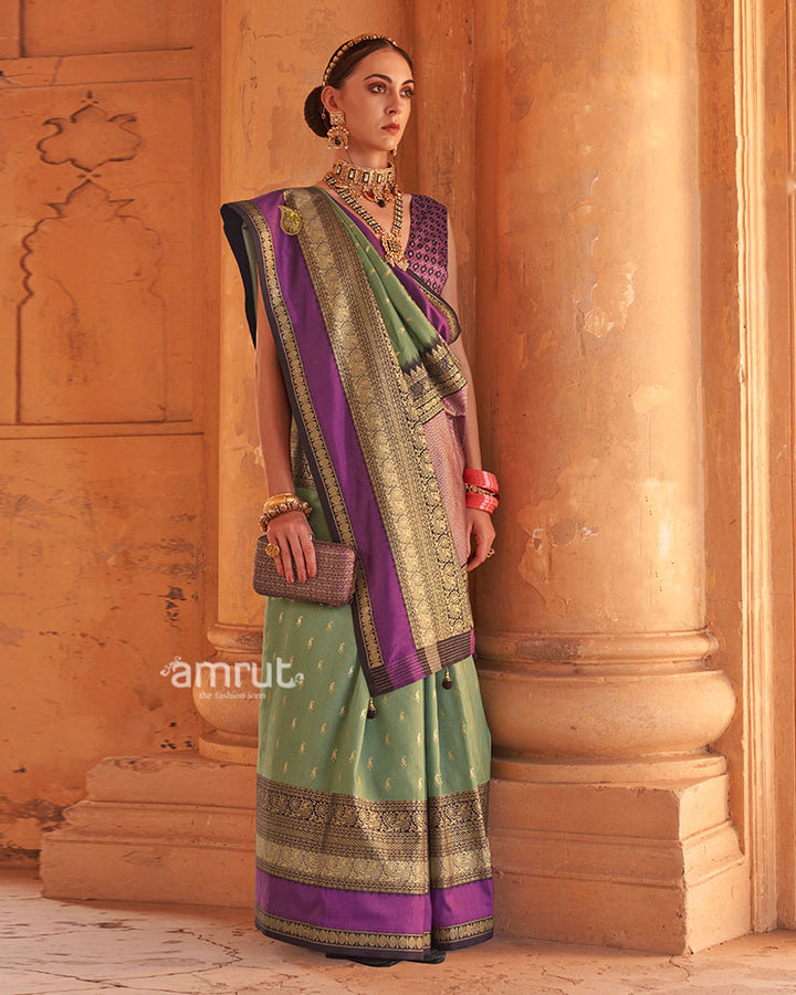 Sage Green and Purple Printed Patola Silk Saree with Unstitched Blouse 01