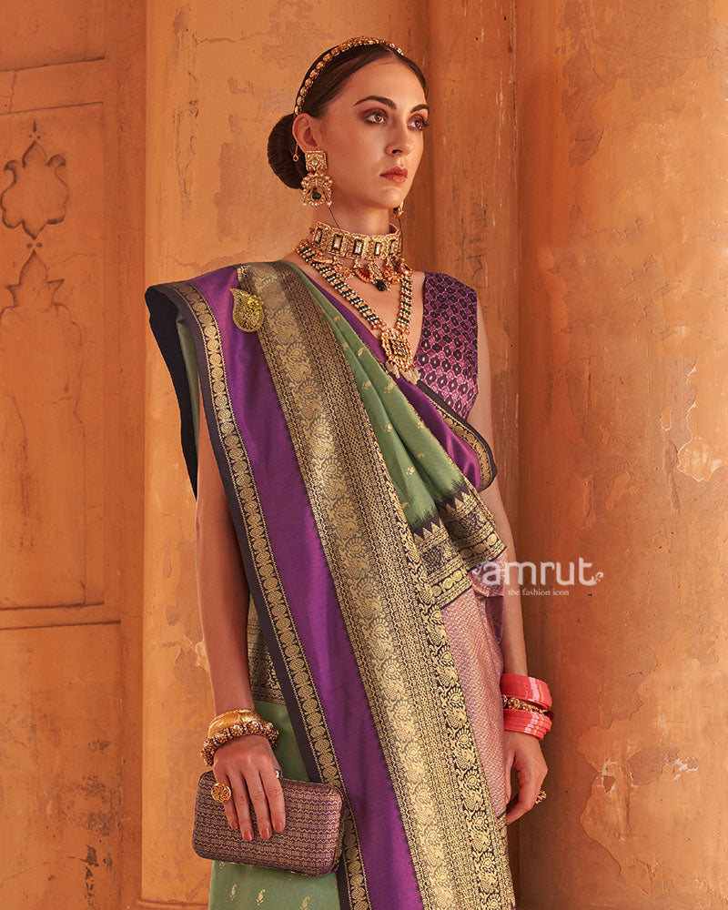Sage Green and Purple Printed Patola Silk Saree with Unstitched Blouse 02