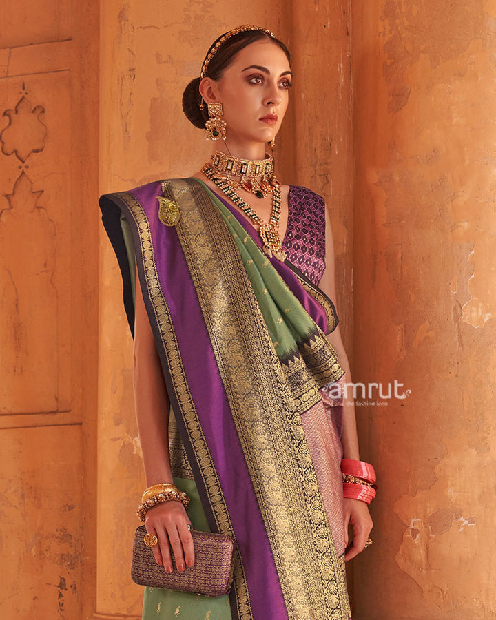 Sage Green and Purple Printed Patola Silk Saree with Unstitched Blouse 02