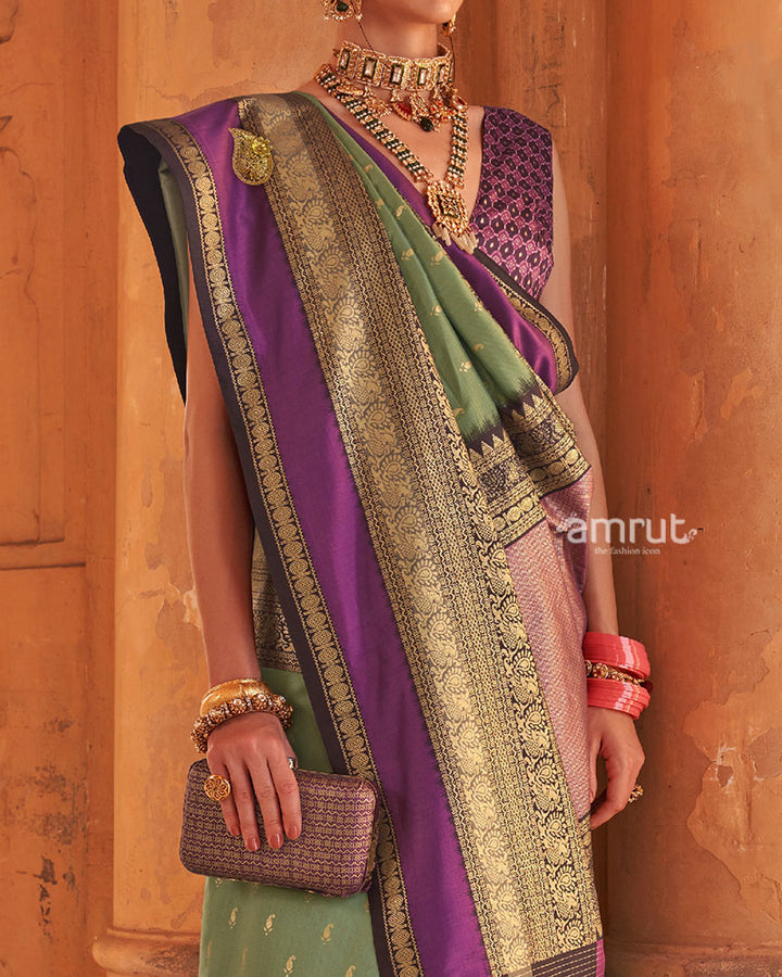 Sage Green and Purple Printed Patola Silk Saree with Unstitched Blouse 03