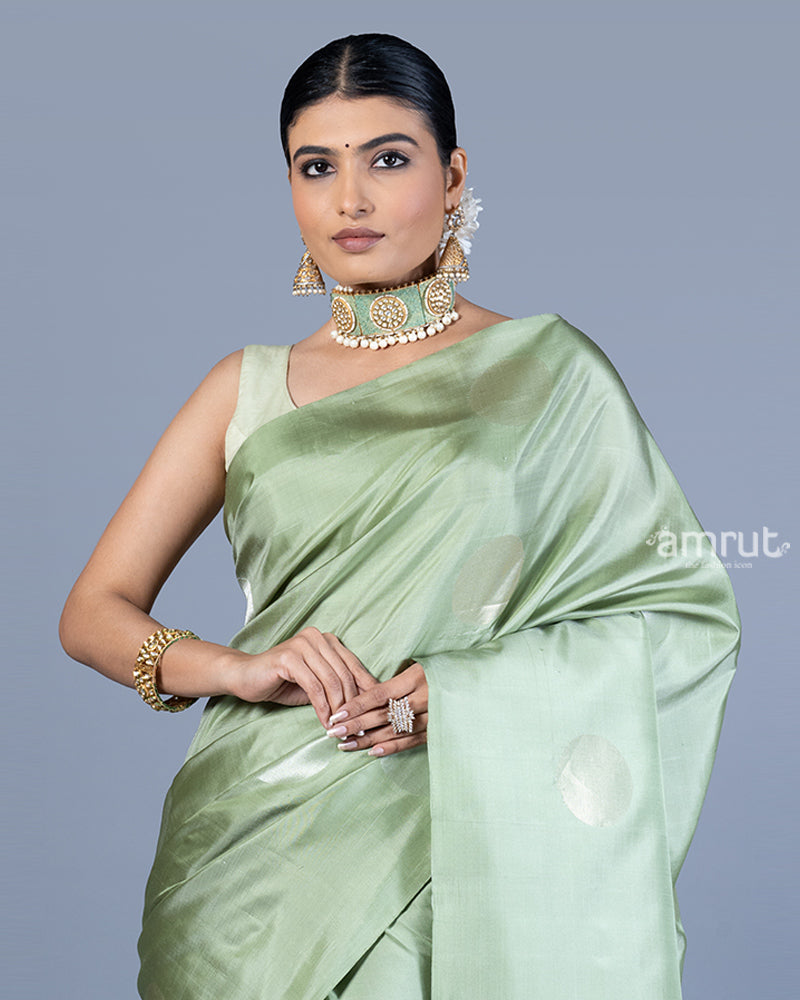 Sage Green with Round-Shaped Zari Woven Detailing Saree with Unstitched Blouse 02