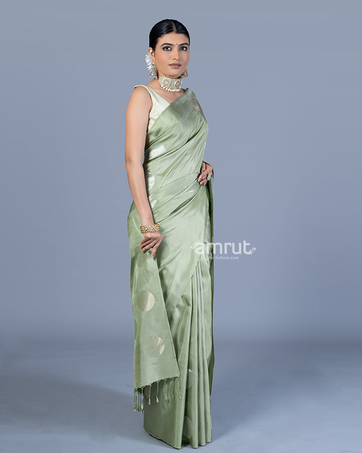 Sage Green with Round-Shaped Zari Woven Detailing Saree with Unstitched Blouse 04