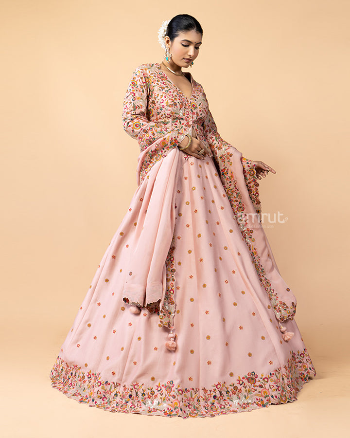 Salmon Pink Lehenga with Short Jacket Style Choli Embellished with Satin Stitch