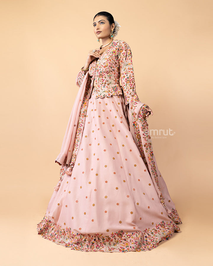 Salmon Pink Lehenga with Short Jacket Style Choli Embellished with Satin Stitch