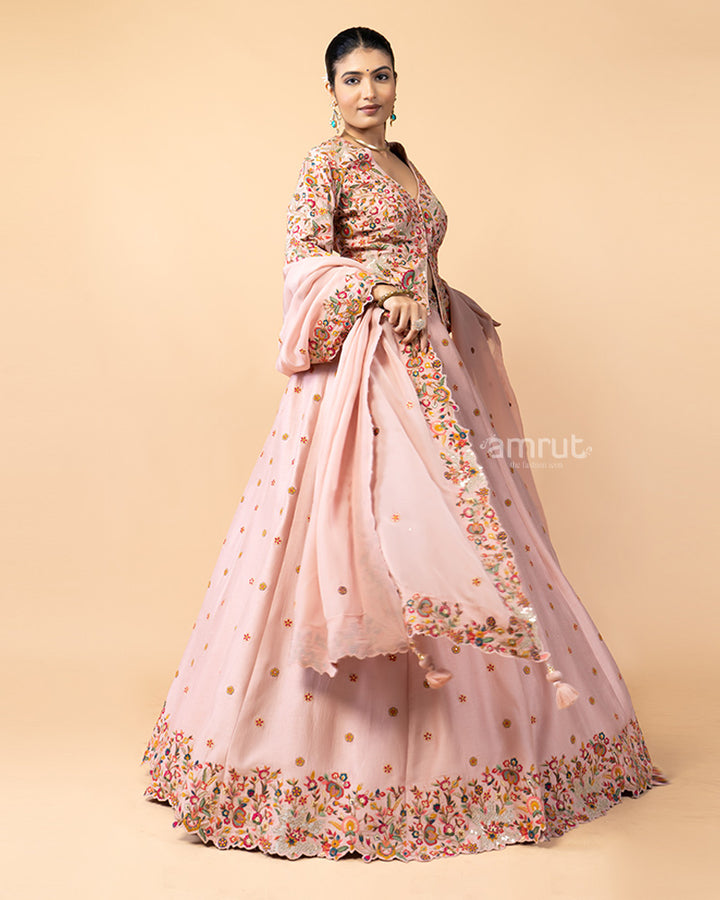 Salmon Pink Lehenga with Short Jacket Style Choli Embellished with Satin Stitch