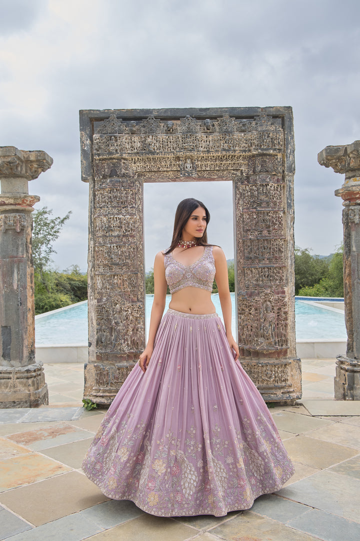 Pastel Lilac Embroidered Designer Lehenga with Sequin & Threadwork Blouse