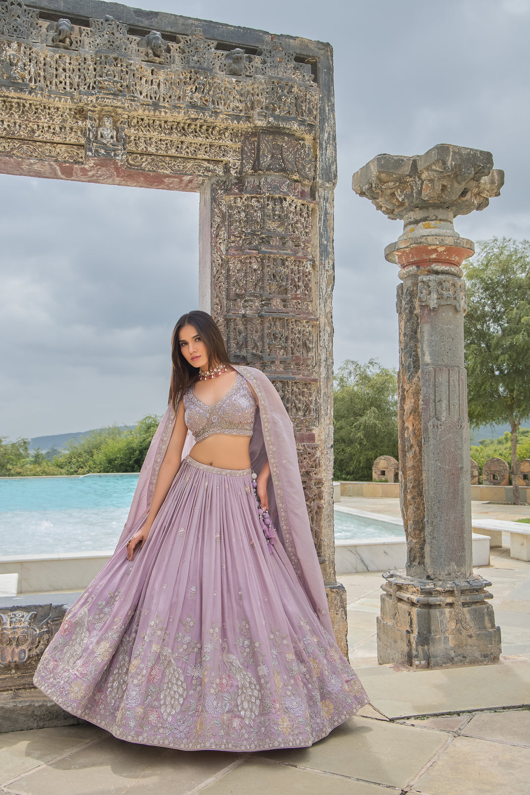 Pastel Lilac Embroidered Designer Lehenga with Sequin & Threadwork Blouse