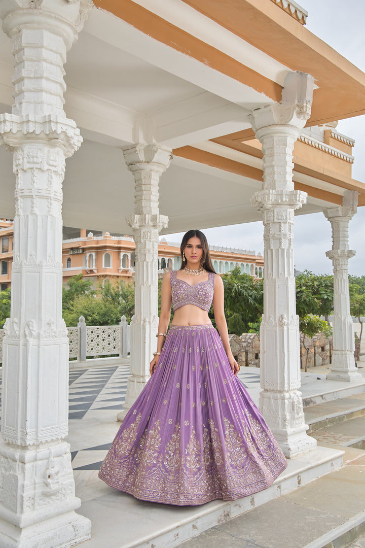 Lavender Luxury Hand-Embroidered Designer Lehenga Set with Sequins, Zari