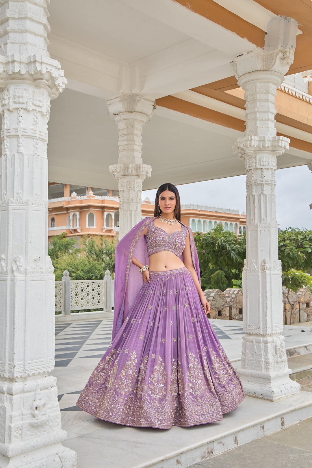 Lavender Luxury Hand-Embroidered Designer Lehenga Set with Sequins, Zari