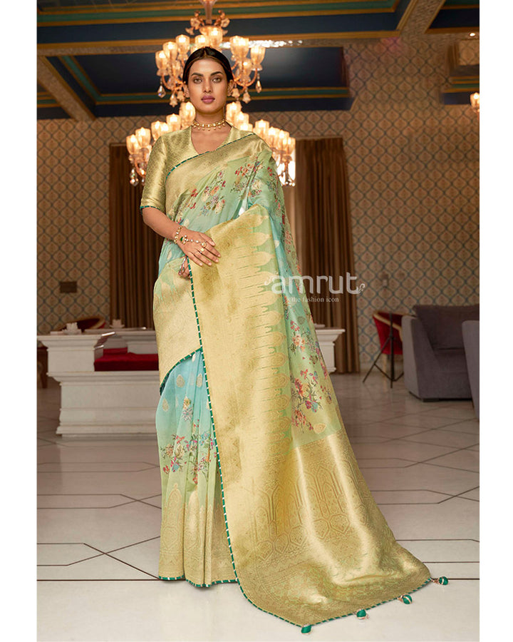 Sapphire Blue Shade Organza Saree with Unstitched Blouse