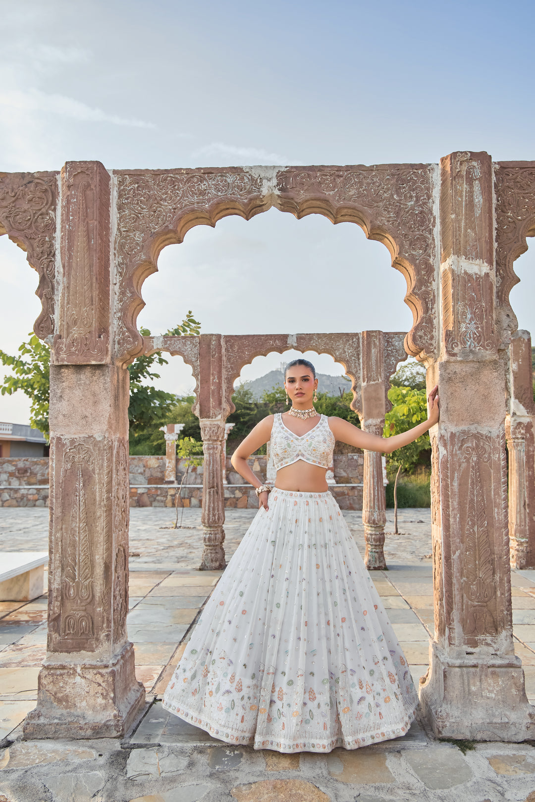 Ivory Multicolour Sequin & Thread Embroidered Designer Lehenga with Cape Dupatta