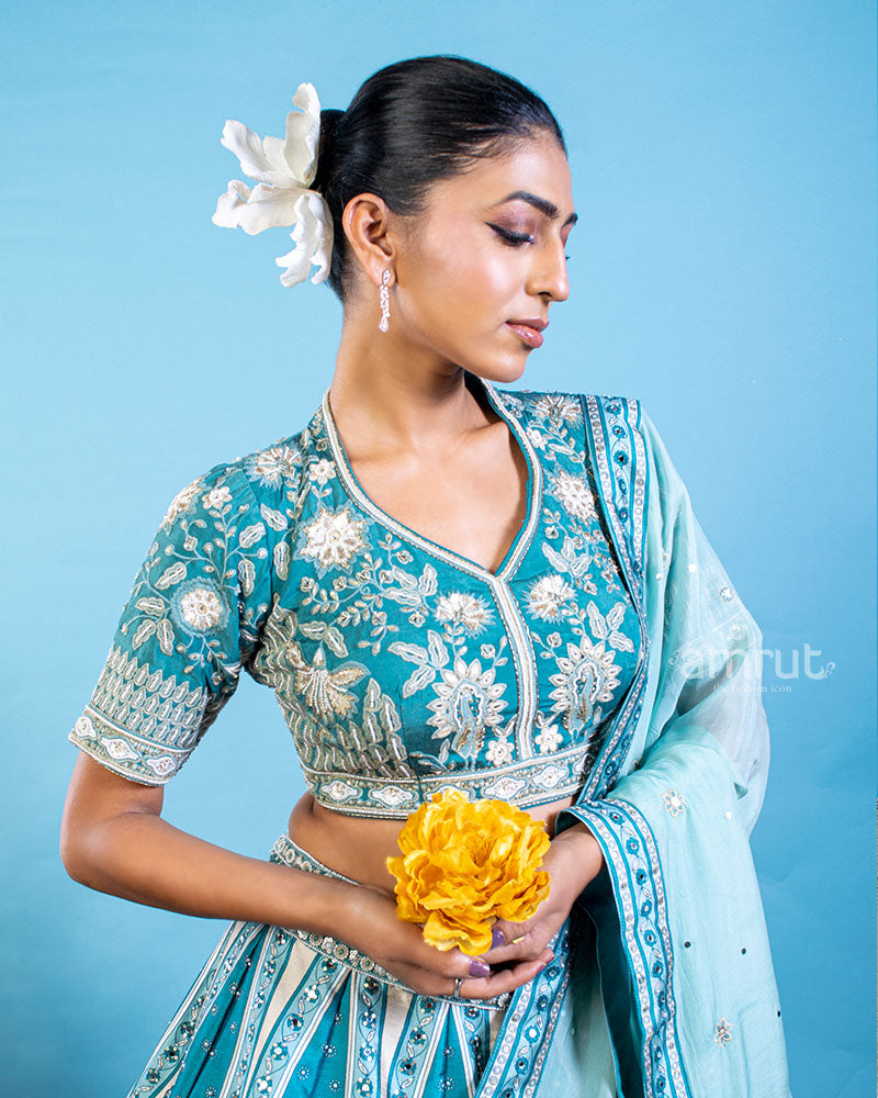 Grey jacquard & stone work art-silk half-saree, contrast zari border &  blouse of traditional designs, intricate dhavani