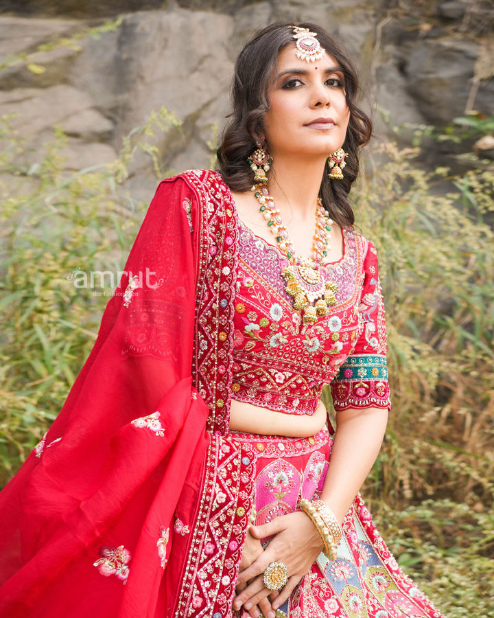 Scarlet Red Lehenga Choli in Raw Silk with Golden Zari Embroidered Heavy Mughal Border and Floral Jaal with Colorful Resham Flowers