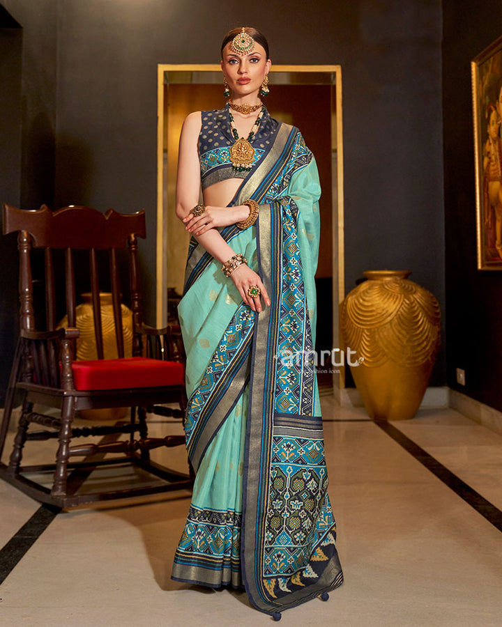 Sea Green and Blue Printed Border Traditional Saree with Unstitched Blouse 01