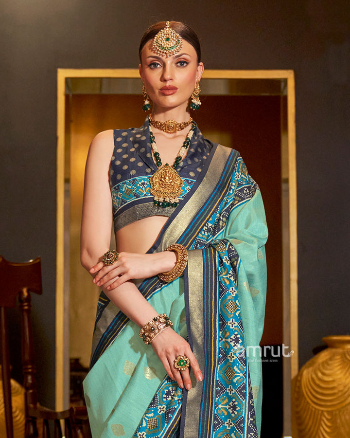 Sea Green and Blue Printed Border Traditional Saree with Unstitched Blouse 02