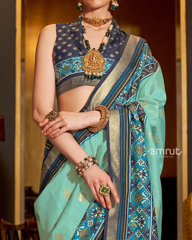 Sea Green and Blue Printed Border Traditional Saree with Unstitched Blouse 03