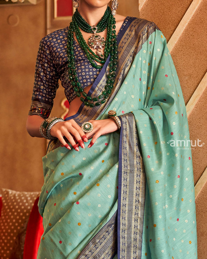 Sea Green and Navy Blue Foil Printed Patola Saree with Unstitched Blouse 03