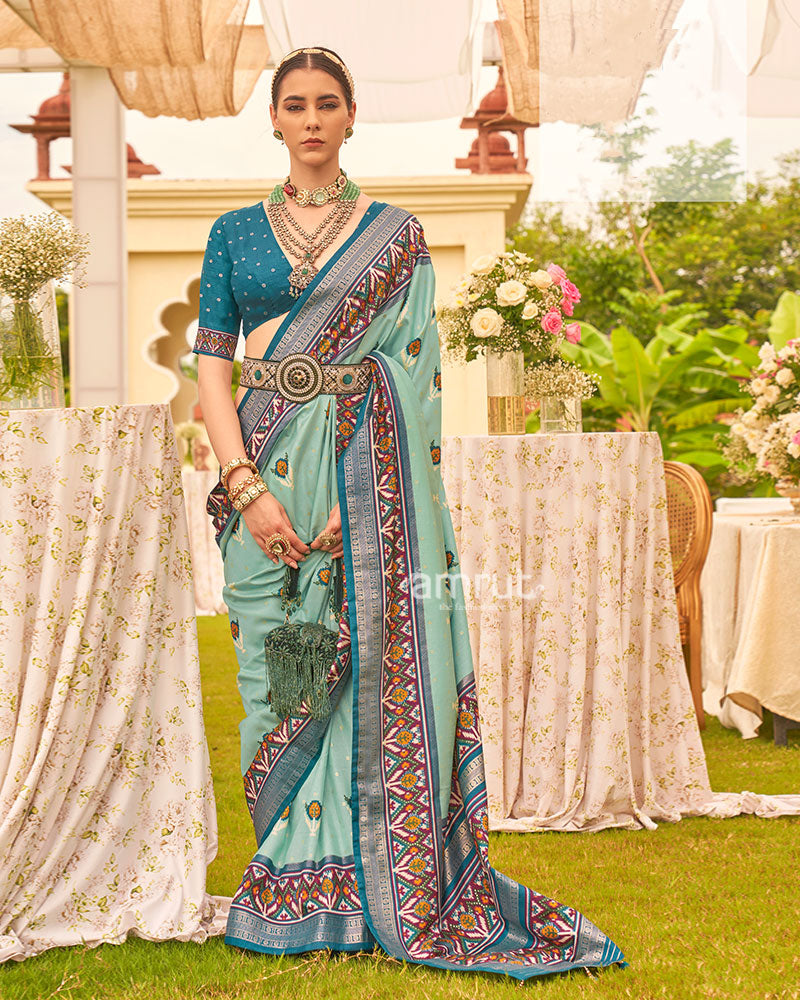 Sea Green and Teal Printed Patola Silk Saree with Zari Border and Unstitched Blouse 01