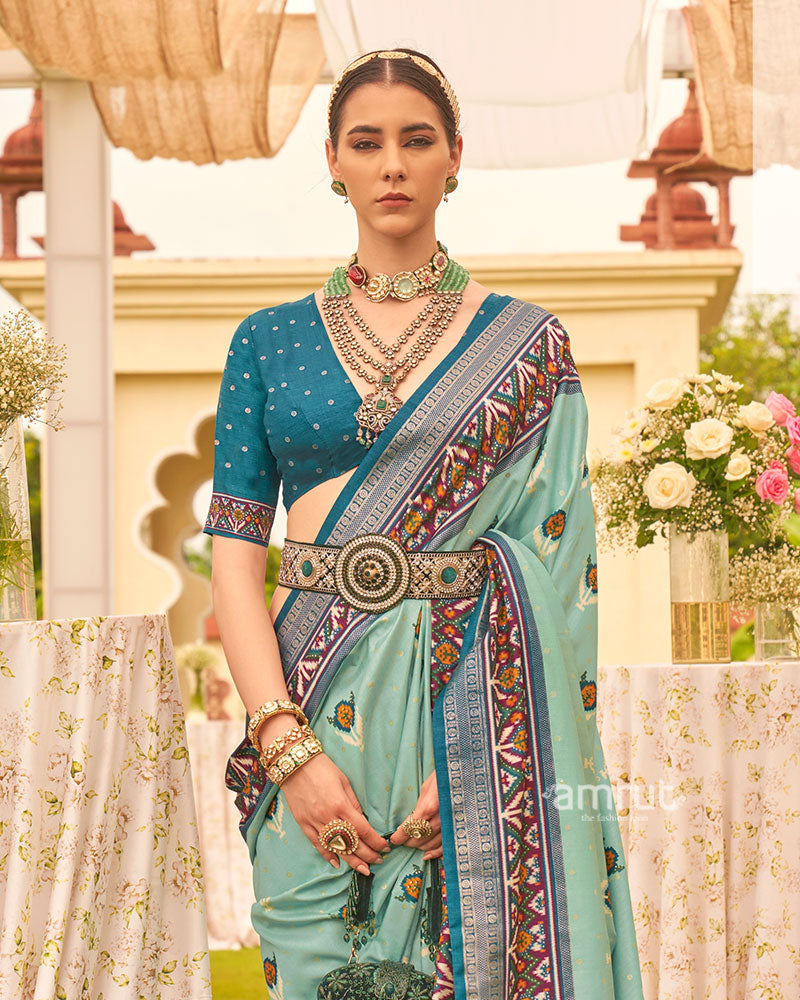Sea Green and Teal Printed Patola Silk Saree with Zari Border and Unstitched Blouse 02