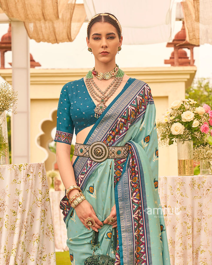 Sea Green and Teal Printed Patola Silk Saree with Zari Border and Unstitched Blouse 02