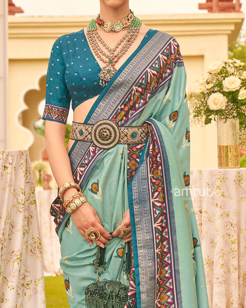 Sea Green and Teal Printed Patola Silk Saree with Zari Border and Unstitched Blouse 03