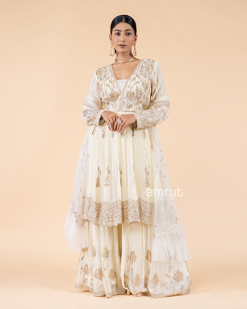 Sequin Zardozi -Embellished Cream Sharara Set(01)