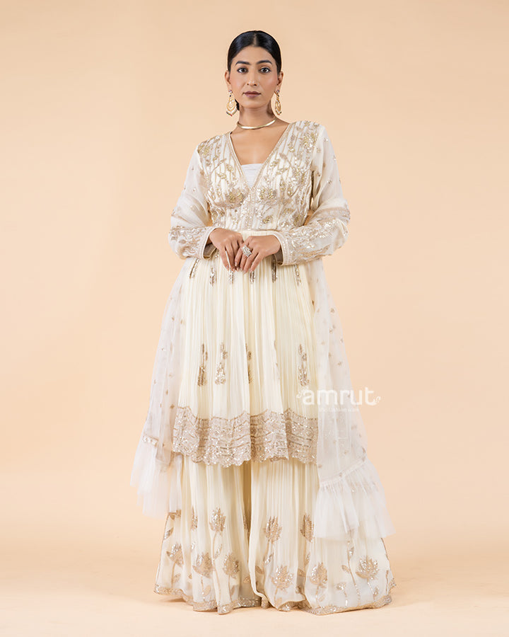 Sequin Zardozi -Embellished Cream Sharara Set(01)