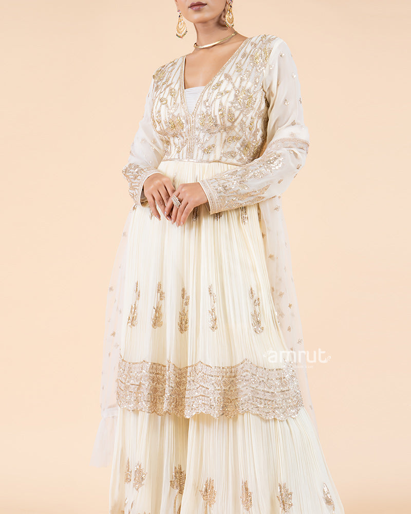 Sequin Zardozi -Embellished Cream Sharara Set(03)