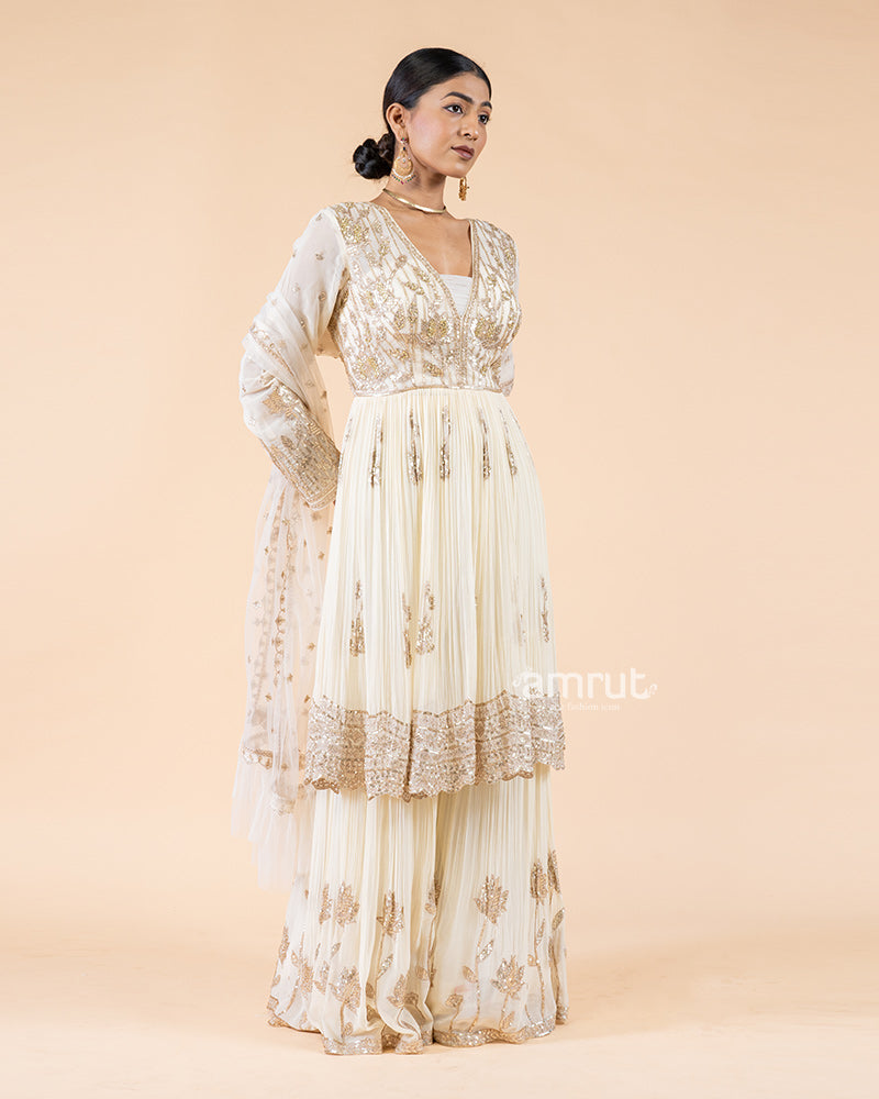 Sequin Zardozi -Embellished Cream Sharara Set(04)