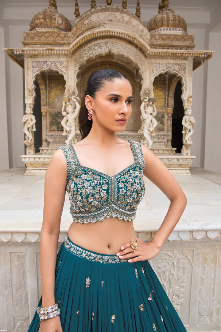 Teal Blue Luxury Hand-Embroidered Designer Lehenga with Sequins & Thread Work