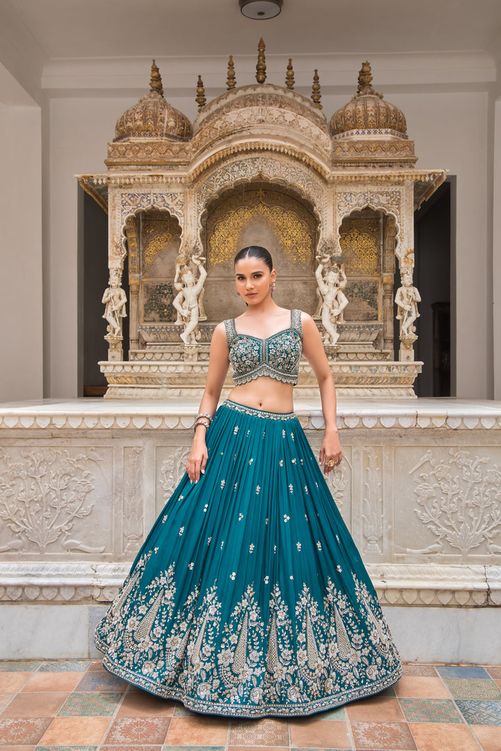 Teal Blue Luxury Hand-Embroidered Designer Lehenga with Sequins & Thread Work