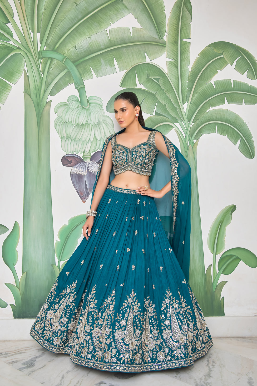 Teal Blue Luxury Hand-Embroidered Designer Lehenga with Sequins & Thread Work