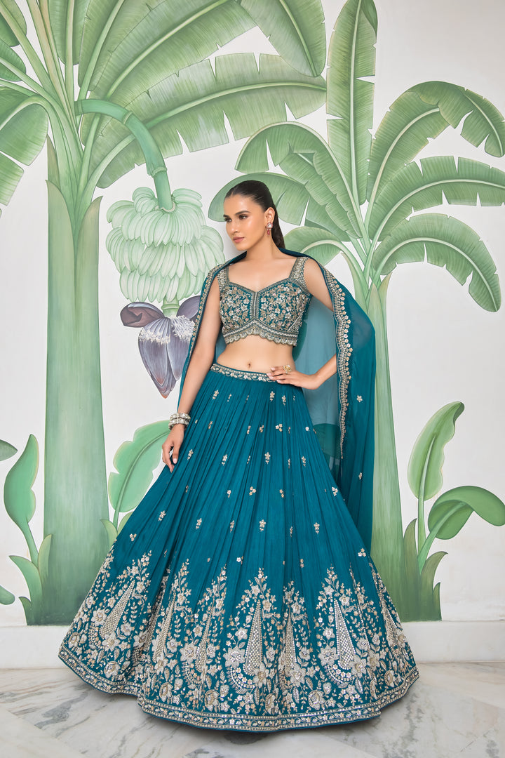 Teal Blue Luxury Hand-Embroidered Designer Lehenga with Sequins & Thread Work