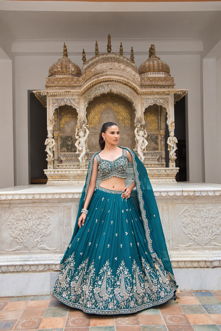 Teal Blue Luxury Hand-Embroidered Designer Lehenga with Sequins & Thread Work