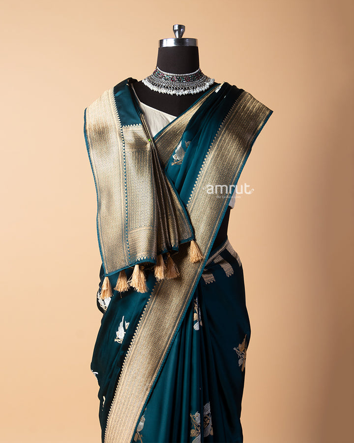 Sherpa Blue Silk Saree With Unstitched-Blouse