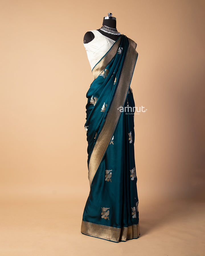 Sherpa Blue Silk Saree With Unstitched-Blouse