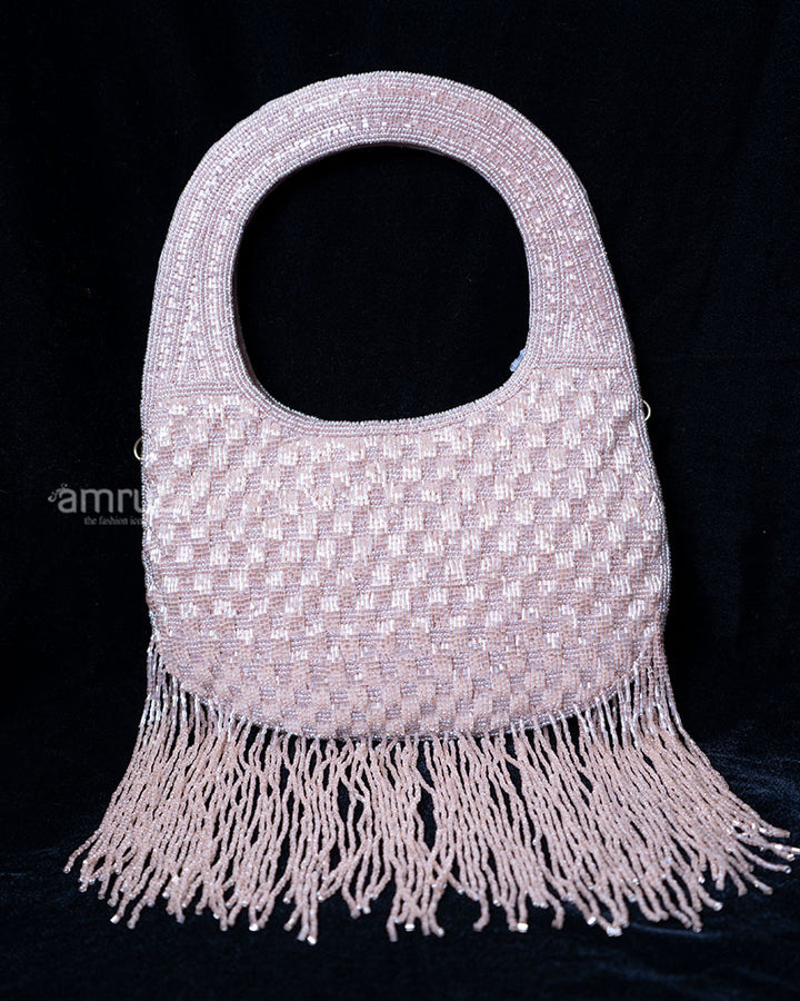 Shimmering Pinkish-Beige Beaded with Circular Handle and Fringe Detailing Handbag 01