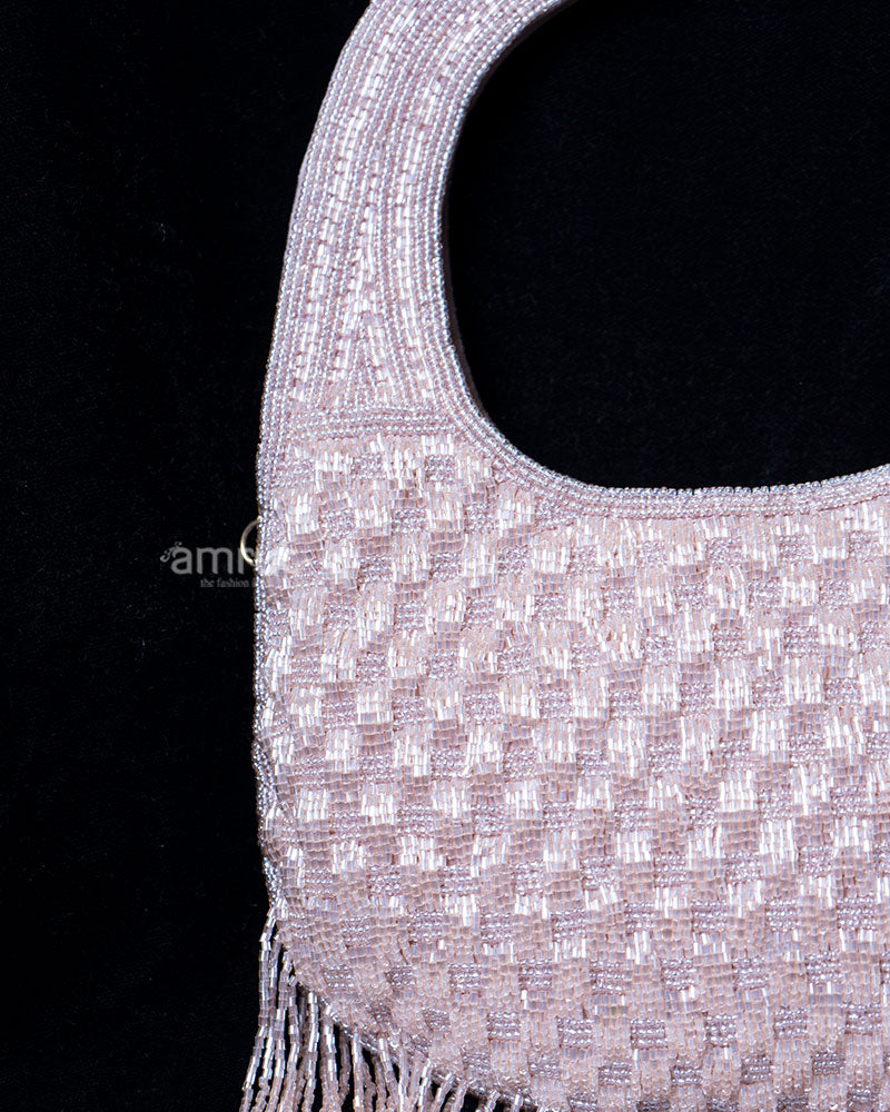Shimmering Pinkish-Beige Beaded with Circular Handle and Fringe Detailing Handbag 02