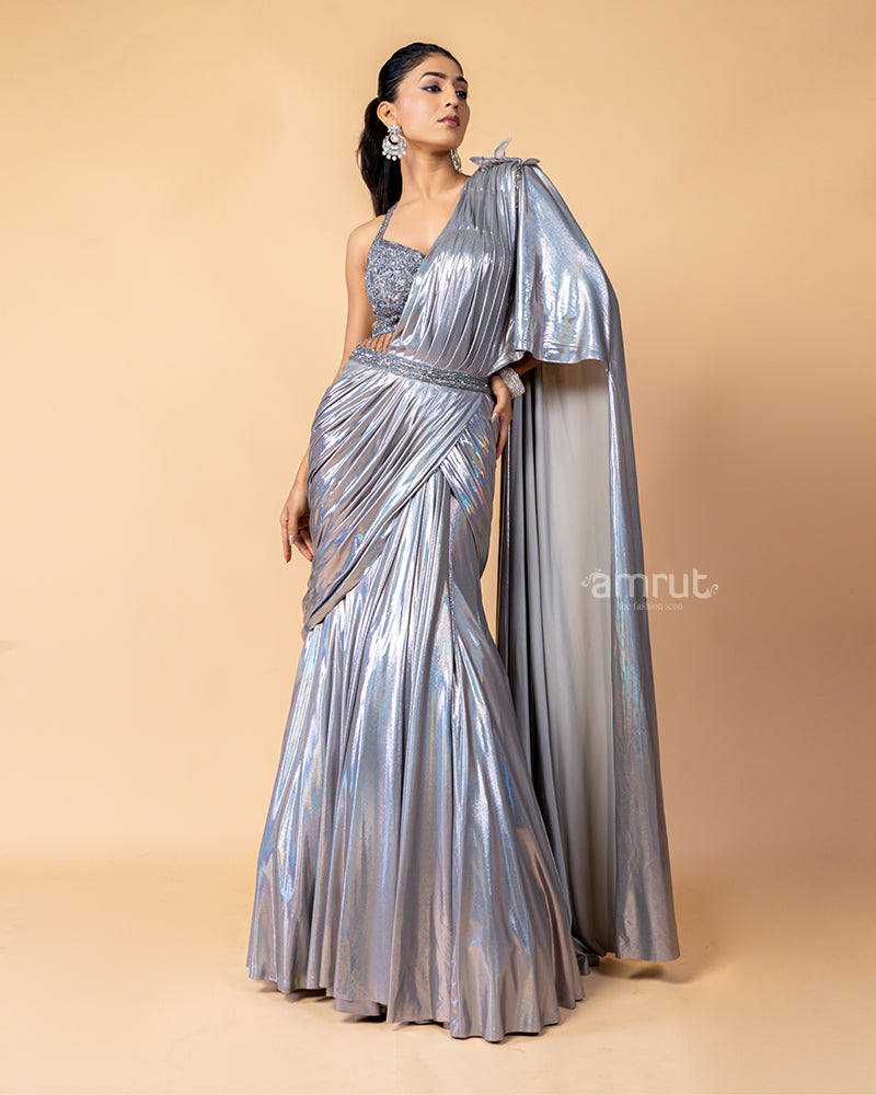 Shiny Silver Ready-to-Wear Saree with Embroidered Blouse