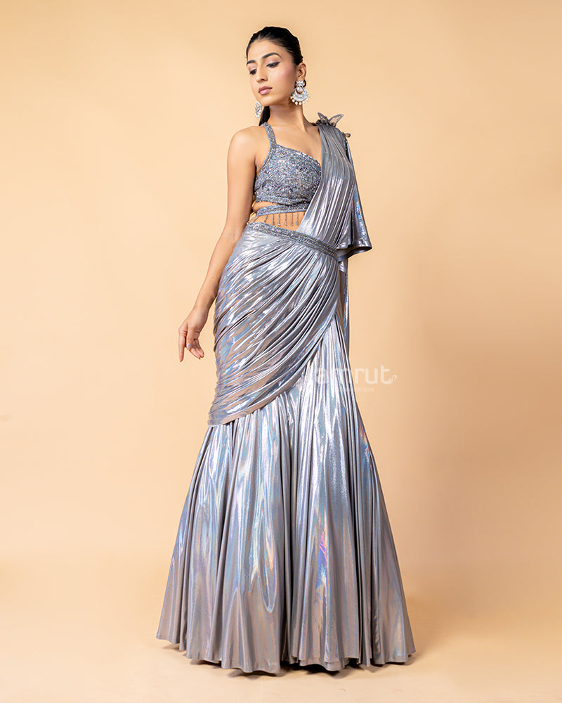 Shiny Silver Ready-to-Wear Saree with Embroidered Blouse