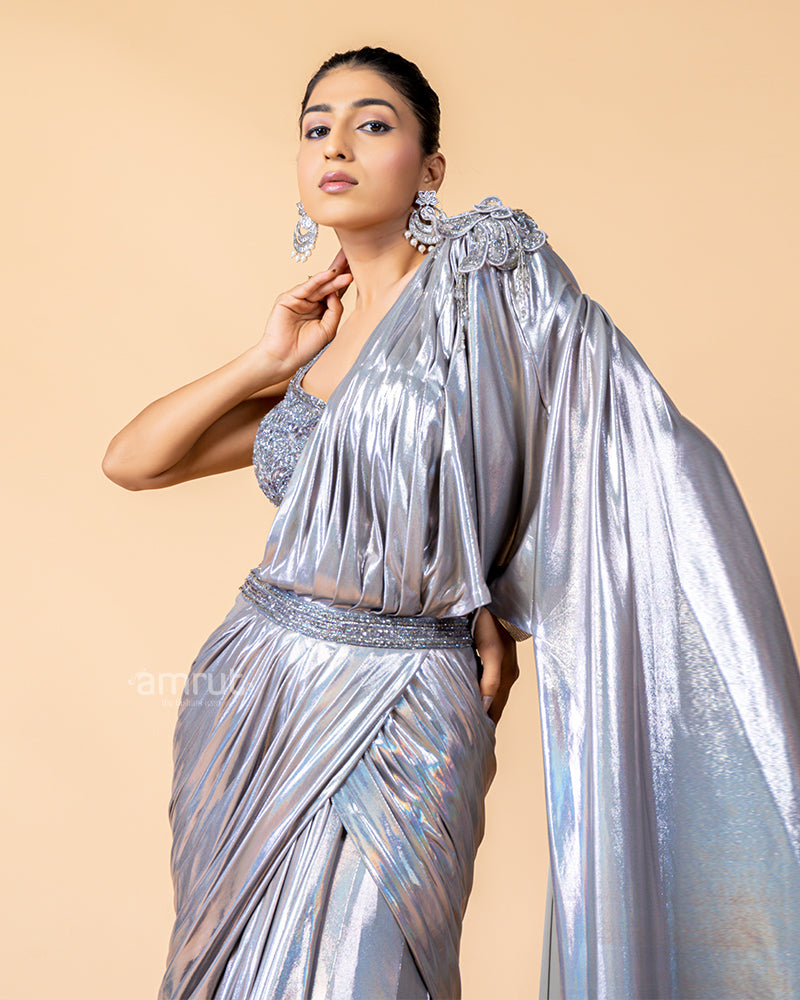 Shiny Silver Ready-to-Wear Saree with Embroidered Blouse