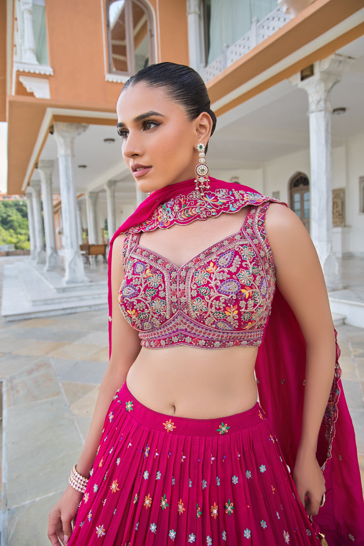 Hot Pink Multicolor Hand-Embroidered Indo-Western Lehenga Set with Designer Blouse