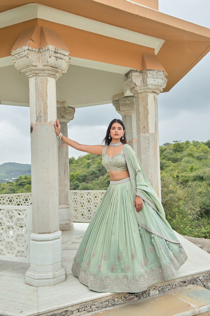 Mint Green Luxury Hand-Embroidered Bridal Lehenga Set with Designer Blouse